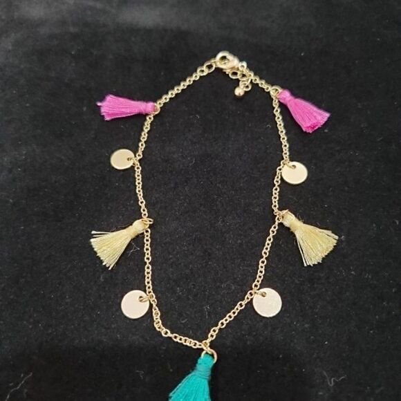 Macy's Gold Chain Pink Teal Yellow Tassel Anklet - Picture 2 of 3